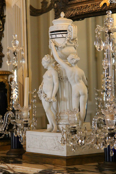 Mantle clock with graces around horizontal numbers in Drawing Room at The Elms. Newport, RI.