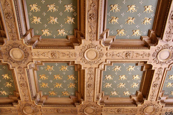 Dining room coffered ceiling with winged lions of St. Mark at The Elms. Newport, RI.