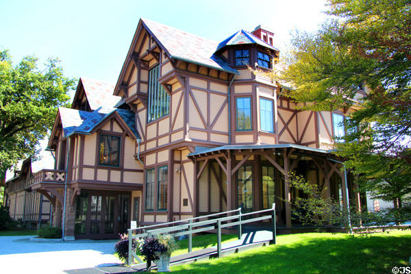 Carriage entrance facade of Stick-style Griswald House of Newport Art Museum. Newport, RI.