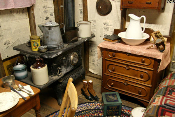 Furnishings of interior of sod house at Dakota Discovery Museum. Mitchell, SD.