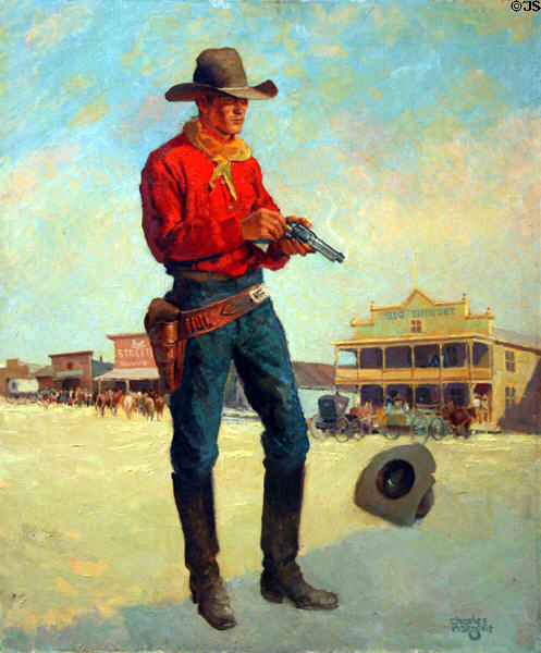 Gunfighter at Big Nugget Hotel for book called Bonanza Gulch, painting by Charles Hargens at Dakota Discovery Museum. Mitchell, SD.