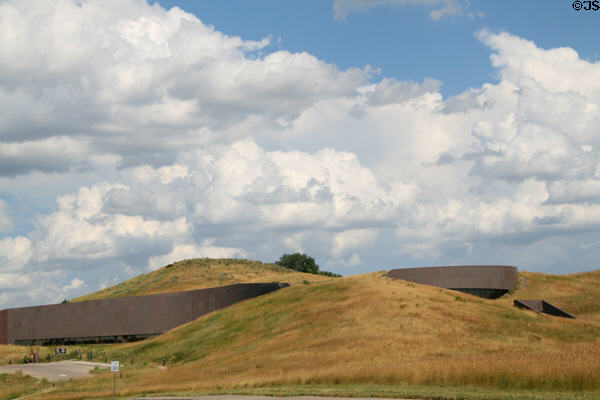 Building of South Dakota State Historical Society Museum (1989) (900 Governors Dr.) built into hills above state capitol. Pierre, SD.