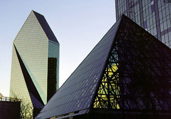 Fountain Place & black glass pyramid at base of Renaissance Tower. Dallas, TX.