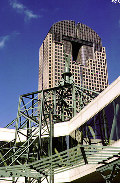 JP Morgan Chase Tower over trellises of Cancer Survivors Plaza. Dallas, TX.