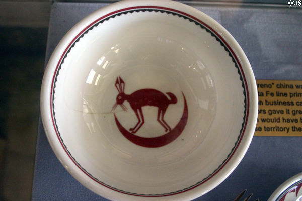 Southwestern themed rabbit on Santa Fe dining car china at Railroad Museum. Galveston, TX.
