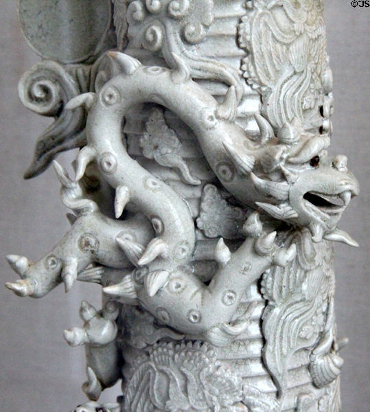Dragon detail on Song / Yuan dynasty porcelain Qingbai ware urn (13th-14thC) from China at San Antonio Museum of Art. San Antonio, TX.