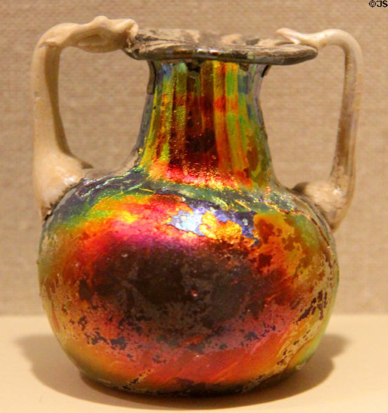 Ancient iridescent blown glass vessel from Eastern Mediterranean at San Antonio Museum of Art. San Antonio, TX.