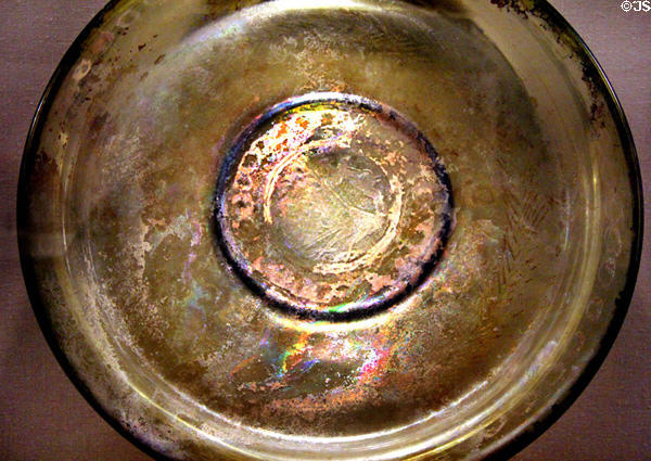 Glass shallow dish engraved with peacock (3rd-4th C CE) from Eastern Mediterranean, Egypt or Palestine at San Antonio Museum of Art. San Antonio, TX.