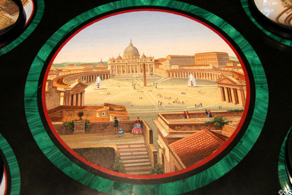 Inlaid mosaic tabletop shows St. Peters in Rome at Edward Steves Homestead Museum. San Antonio, TX.