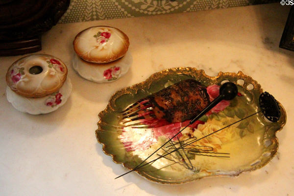 Tray with hatpins & decorative comb at Edward Steves Homestead Museum. San Antonio, TX.