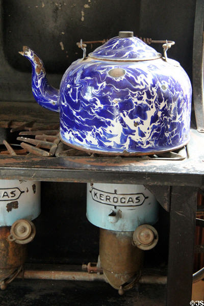 Metal tea kettle over Kerogas burner unit at Capt. Charles Schreiner Mansion. Kerrville, TX.