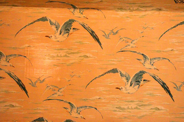 Detail of gull design wallpaper in third floor bathroom at McFaddin-Ward House. Beaumont, TX.