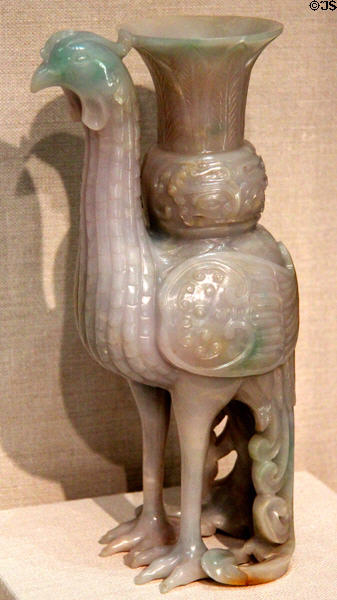 Qing dynasty carved jadeite phoenix carrying a Zun vessel (late 19th - early 20thC) from China at Crow Collection of Asian Art. Dallas, TX.