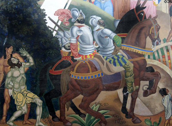Francisco Vasquez de Coronado & Hernando de Soto expeditions stories on Texas History mural in Great Hall of State at Fair Park. Dallas, TX.