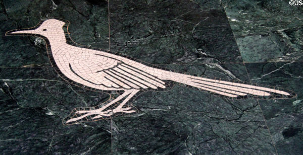 Giant Roadrunner limestone floor mosaic detail in Great Hall of State at Fair Park. Dallas, TX.