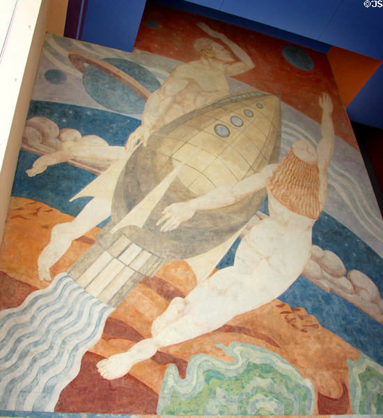 Future Transportation Art Deco mural (1936) by Carlo Ciampaglia on Centennial Hall at Fair Park. Dallas, TX.
