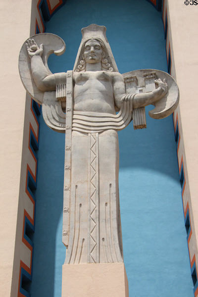 Spain six flags Art Deco statue (1936) by Lawrence Tenney Stevens at Centennial Hall at Fair Park. Dallas, TX.
