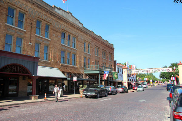 W. Exchange Ave. streetscape with Thannisch block (1906-7) in Fort Worth Stock Yards. Fort Worth, TX.