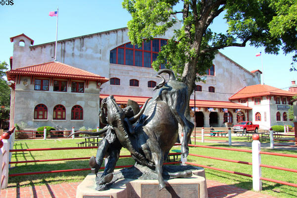 First Bulldogger sculpture (1987) honors W.M. "Bill" Pickett who originated Bulldogging event by Lisa Perry in front of Cowtown Coliseum. Fort Worth, TX.