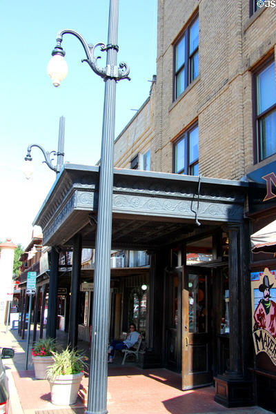 Cast iron entrance overhang at Fort Worth Stock Yards historic district. Fort Worth, TX.