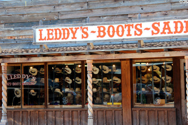 Array of hats in shop window in Fort Worth Stock Yards historic district. Fort Worth, TX.