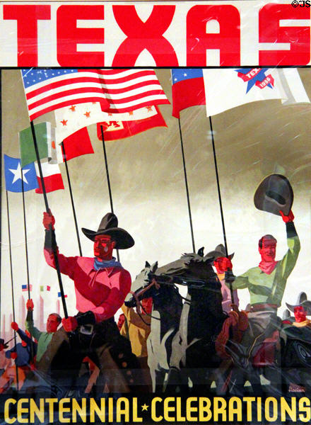 Cowboys on Texas Centennial Exposition poster (1936) at Bullock Texas State History Museum. Austin, TX.