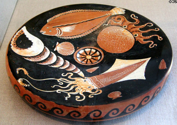 Grecian terracotta red-figure fish plate (c340-320 BCE) at Blanton Museum of Art. Austin, TX.