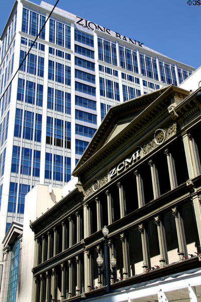 Zion's Bank Tower (1965) (18 floors) over ZCMI Cast iron facade on S. Main Street. Salt Lake City, UT.