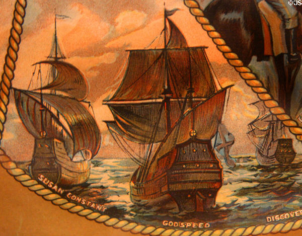 Jamestown ships Susan Constant, Godspeed & Discovery detail on Jamestown Exposition (1907) poster at Hampton Roads Naval Museum. Norfolk, VA.