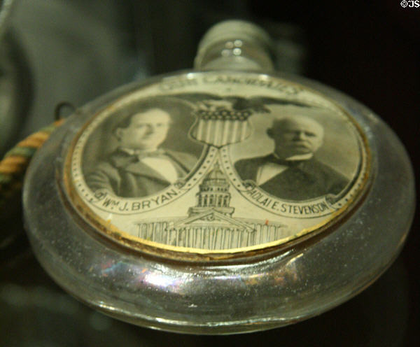 Glass campaign flask for Wm. J Bryan & Adlai E. Stevenson at Chrysler Museum of Art. Norfolk, VA.