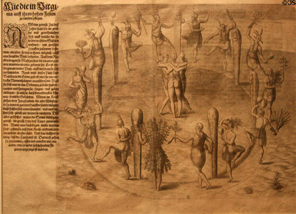 Engraving of Native Americans dancing at their feast by Theodor de Bry after watercolor (c1585-6) by Roanoke colonist John White at Museum of Virginia History. Richmond, VA.