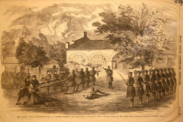 Graphic of Harper's Ferry Insurrection put down by U.S. Marines from Frank Leslife's Illustrated Newspaper, Oct. 29, 1859 at Museum of Virginia History. Richmond, VA.