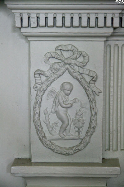Adamesque cherub on fireplace surround in large dining room of John Marshall House. Richmond, VA.
