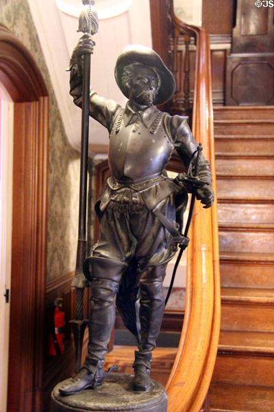 Cavalier statue on main entry hall staircase at Park-McCullough Historic Estate. North Bennington, VT.