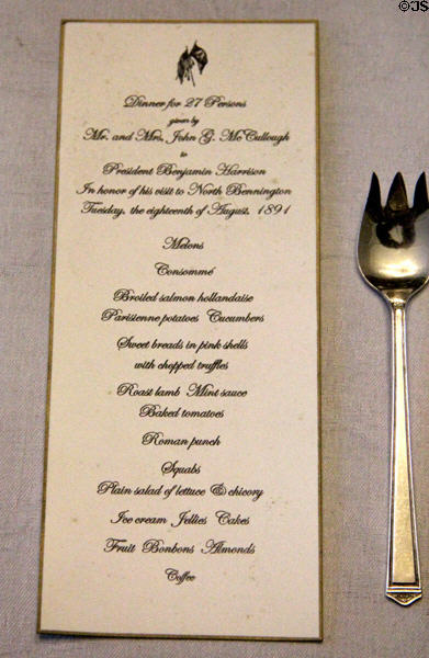 Menu from dinner served to President Benjamin Harrison on his visit (1891) to Park-McCullough Historic Estate. North Bennington, VT.