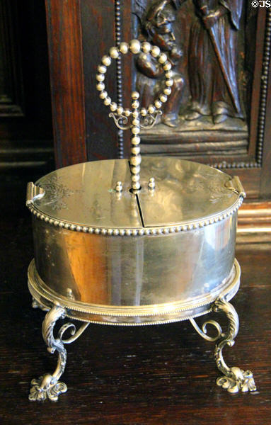 Silver footed oval serving container with hinged lids at Park-McCullough Historic Estate. North Bennington, VT.