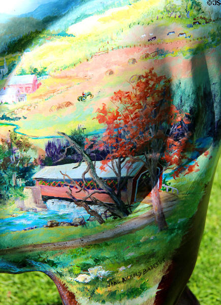 Detail of Covered Bridge Moose street art (2005) by Jane Nichols Bates for Bennington Moosefest. Bennington, VT.