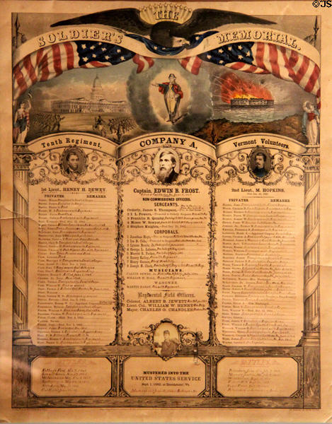 Civil War Soldier's Memorial graphic for Tenth Regiment, Co. A of Vermont Volunteers by Currier & Ives at Vermont History Museum. Montpelier, VT.