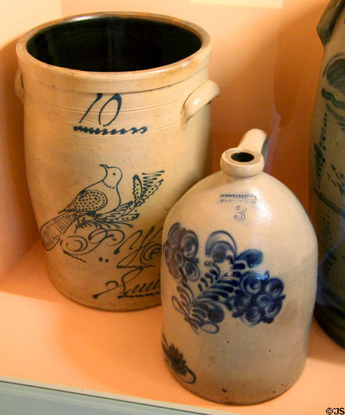 Stoneware crock (C1850) painted with bird & jug by Fenton & Hancock of St. Johnsbury, VT at Shelburne Museum. Shelburne, VT.