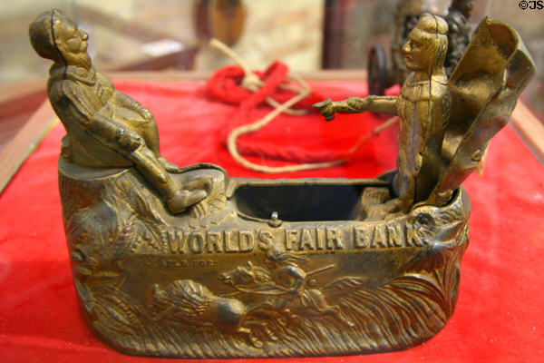 World's Fair mechanical bank (c1893) with Columbus meeting Indian at Columbus Museum. Columbus, WI.