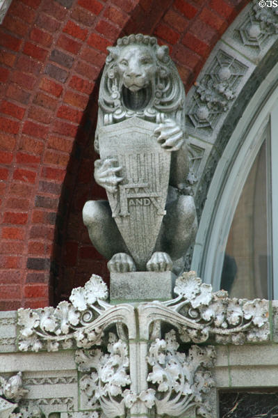 Lion with F&M logo on Farmer's & Merchant's Union Bank. Columbus, WI.