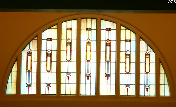 Sullivan stained-glass front window details in Farmer's & Merchant's Union Bank. Columbus, WI.