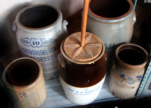 Butter churn by W.F. Shawver Co., Charleston, WV & other Stoneware crocks at West Virginia State Museum. Charleston, WV.