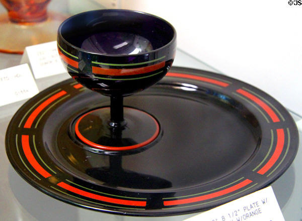 Mah Jongg plate & sherbet dish in ebony with orange + green stripes (c1925-8) at Fostoria Glass Museum. Moundsville, WV.