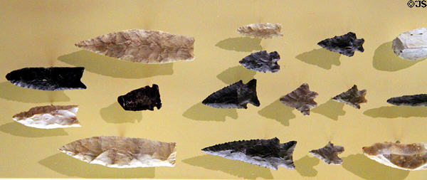 Prehistoric arrowheads from Moundsville region at Grave Creek Mound Museum. Moundsville, WV.