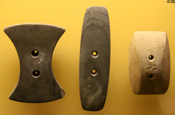 Adena culture gorget ornaments always two holes at Grave Creek Mound Museum. Moundsville, WV.