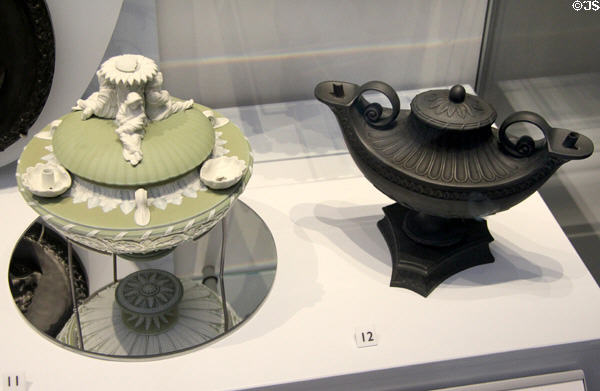 Wedgwood green jasper oil lamp (1791-3) & black basalt oil lamp (1775-1780) at Lady Lever Art Gallery. Liverpool, England.