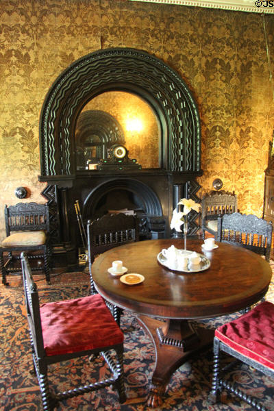 Polished black limestone chimney piece in Ebony Room which often served as an office for the Ladies of Perth while managing household matters at Penrhyn Castle. Bangor, Wales.