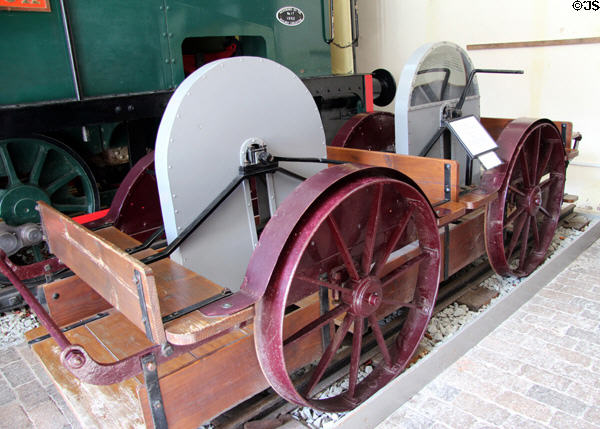 Velocipede originally constructed to bring quarrymen to work at Padern Railway & later used for track repair gangs but withdrawn from service because very hazardous at Penrhyn Castle Rail Museum. Bangor, Wales.