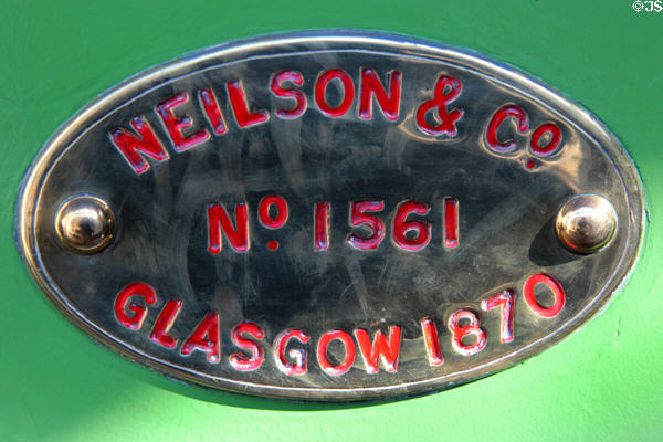 Makers plate (1870) of "No 1" locomotive (1870) by Neilson of Glasgow at Penrhyn Castle Rail Museum. Bangor, Wales.
